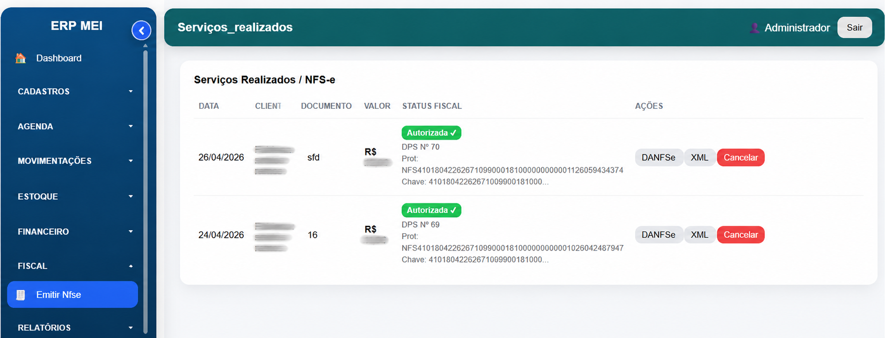 Tela do ERP MEI com informações pessoais e valores parcialmente ocultos